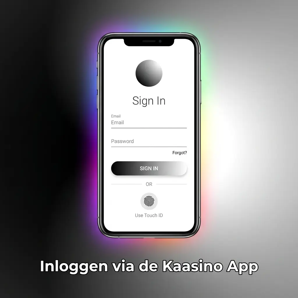 Kaasino app inlogscherm op iPhone met e-mailadres, wachtwoord en Face ID opties voor bestaande spelers