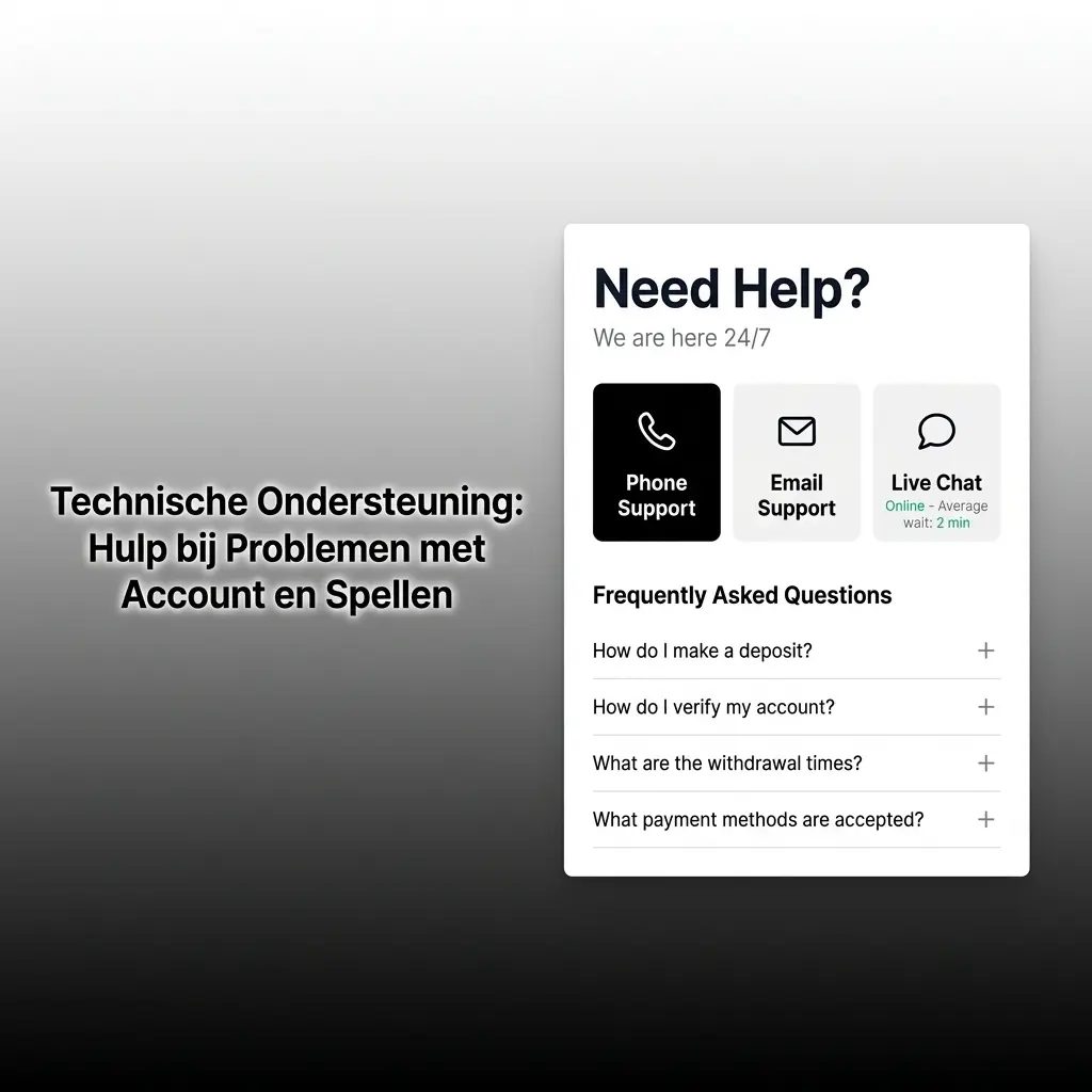Technische ondersteuning voor accountproblemen, betalingsfouten en spelfouten via live chat, e-mail of telefoon.